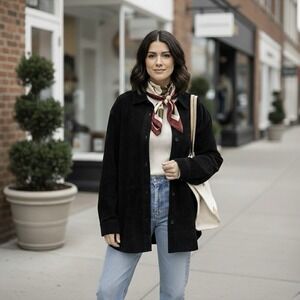 VTG Claiborne Black Suede Oversized Shirt Jacket Shocker 90s Minimalist L-XL